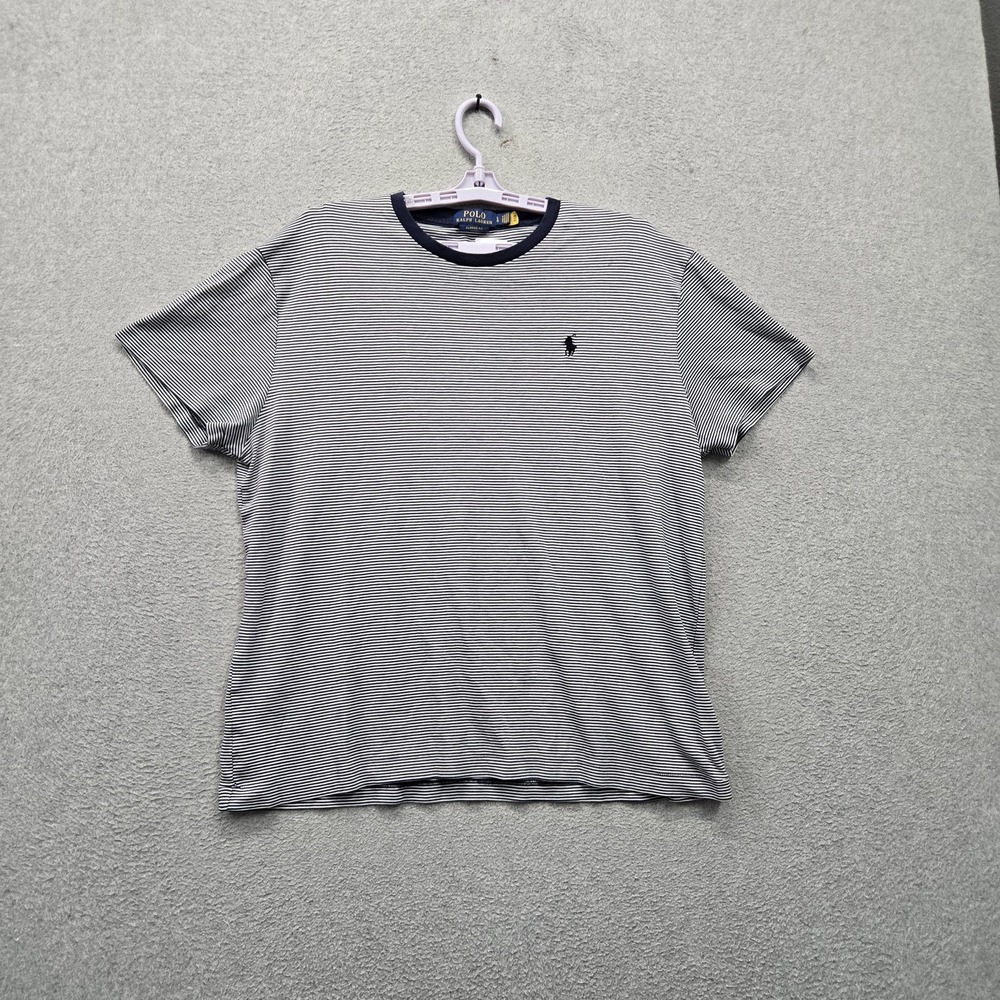 Polo Ralph Lauren Men Shirt L Navy Embroidered Striped Logo Classic Short Sleeve